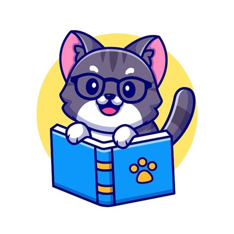 Premium Vector | Cute cat reading book cartoon icon illustration.