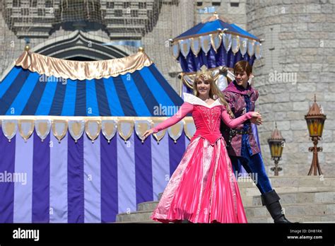 Sleeping Beauty and her Prince on stage at Cinderella Castle, Magic Kingdom, Disney World Resort ...