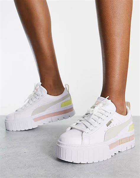 Puma Mayze platform trainers in white and pink | ASOS