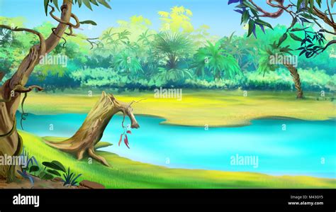 Small River in the Tropical Jungle in a sunny day. Digital Painting Background, Illustration in ...