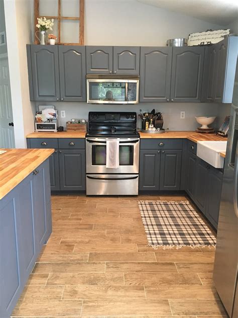 My Farmhouse Kitchen. Wood tile, gray/blue cabinets, butcher block ...