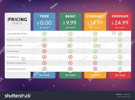 Pricing table design for business. Price plan web hosting or service. Table chart comparison of ...