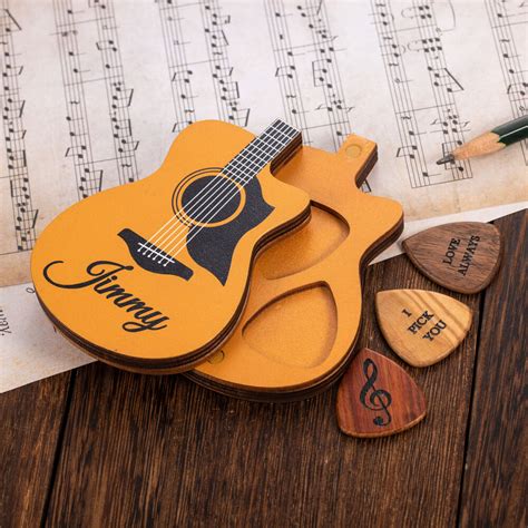 Customized Wooden Guitar Picks with Storage Case, Engraved Holder Box, Birthday Gift for Guitar ...