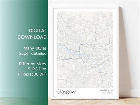 Glasgow Map Print Glasgow Map Poster United Kingdom Print Grey Blue ...