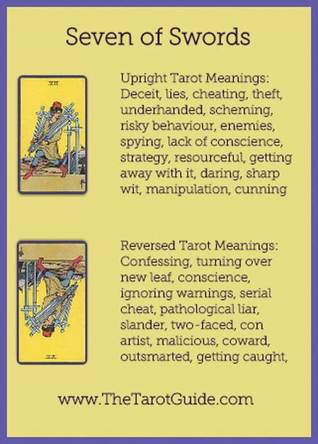 Seven of Swords Tarot Flashcard showing the best keyword meanings for the upright & reversed ...