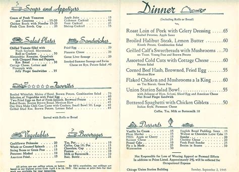 MENU- CHICAGO – FRED HARVEY RESTAURANT – UNION STATION – INSIDE – 1945 ...