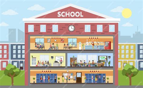 Premium Vector | School building interior and exterior.