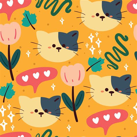 seamless pattern cartoon cat and flower. animal drawing for kids ...