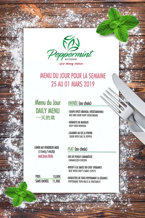 MENU DU JOUR POUR LA SEMAINE DU 25 AU 1 Mars 2019 | Restaurant PEPPERMINT