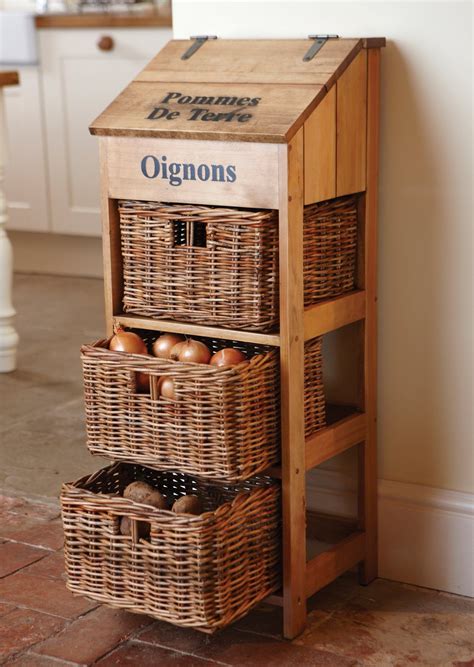 French Farmhouse Wooden Vegetable Store with 3 Large Wicker Drawers and Potato Store W35 x D31 x ...