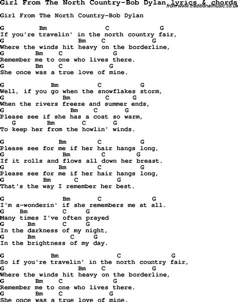 Love Song Lyrics for:Girl From The North Country-Bob Dylan with chords.