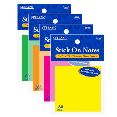 BAZIC Sticky Notes 3x3 Neon Assorted Colors Post Stickies Self Stick ...