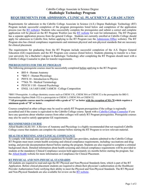 Radiologic Technology Program REQUIREMENTS FOR ADMISSION, CLINICAL PLACEMENT & GRADUATION