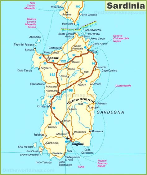 Road map of Sardinia - Ontheworldmap.com