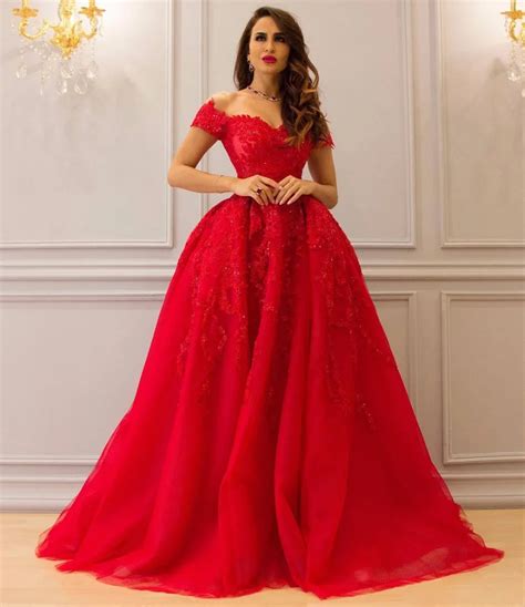 ZYLLGF Bridal Princess Long Red Evening Dresses Off Shoulder Long Tulle ...