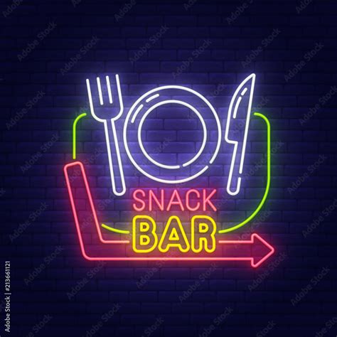 Snack bar neon sign, bright signboard, light banner. Cafe and restaurant logo, emblem. Vector ...