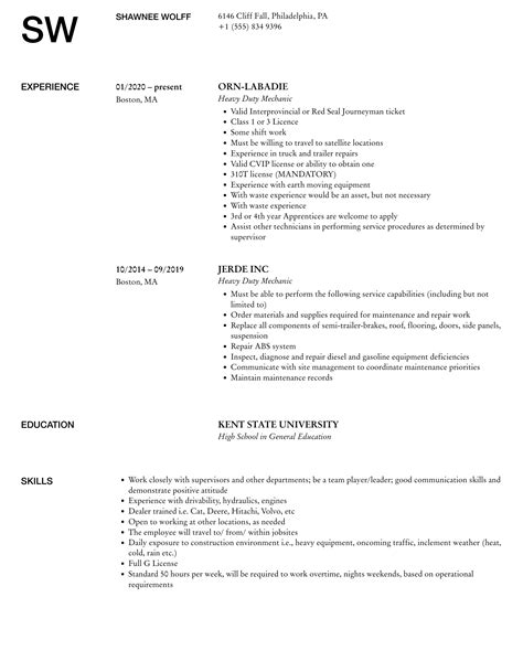 Heavy Duty Mechanic Resume Samples | Velvet Jobs