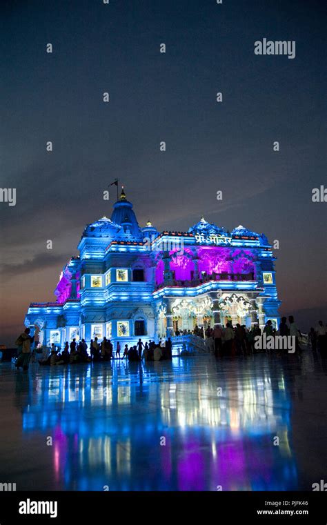 2016 Prem Mandir ( The Temple of Divine Love) at night in Vrindavan Mathura Uttar Pradesh India ...