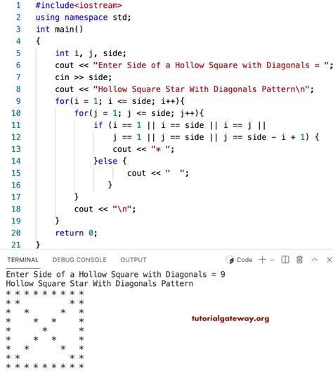 C++ Program to Print Hollow Square with Diagonals Star Pattern