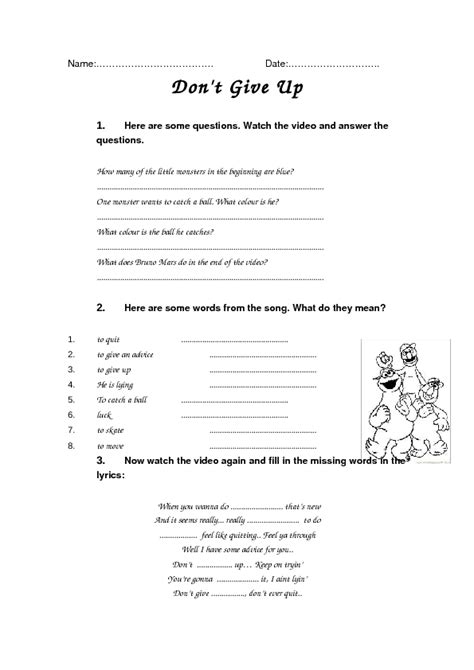 Song Worksheet: Don't Give Up by Bruno Mars