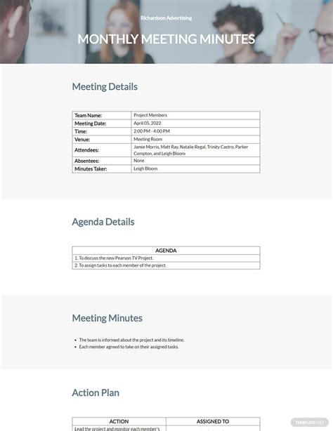 Monthly Staff Meeting Minutes Template in Word, Google Docs, Pages, PDF ...