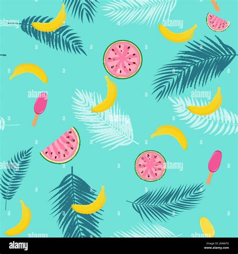 Beautifil Summer Seamless Pattern Background with Palm Tree Leaf Silhouette, Watermelon, Banana ...