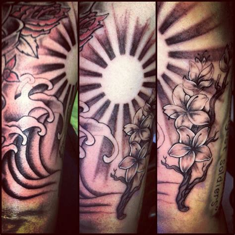 #tattoo #halfsleeve #sunrays #cherryblossoms #waves Sun Rays Tattoo, Rising Sun Tattoos, New ...