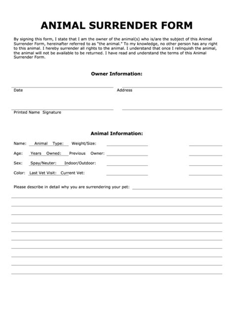 Animal Surrender Form printable pdf download