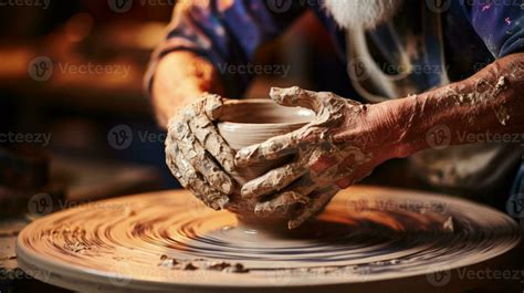 Detail of hands shaping pottery on a wheel background with empty space ...