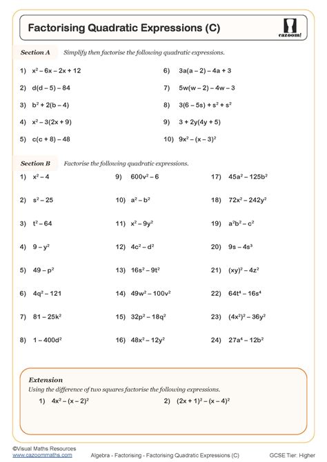 Factorising Quadratic Expressions (C) Worksheet | Printable PDF Worksheets