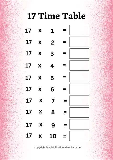 17 Times Table Worksheet PDF | Multiplication Table