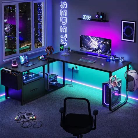 L SHAPED GAMING Desk Home Office with Power Outlet Lights Computer Table Carbon $179.99 - PicClick