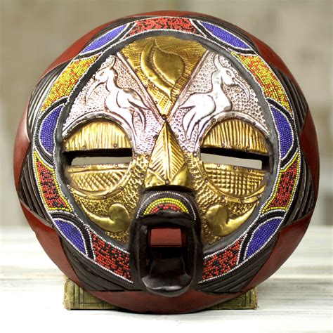 Novica Bead And Brass Repousse African Wall Mask With Animal Motifs ...