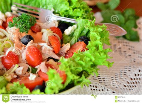 Mixed Vegetable Salad with Chicken Meat on a White Bowl Stock Image ...