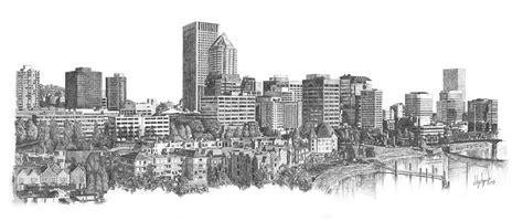 Portland Skyline Drawing by Andrew Aagard