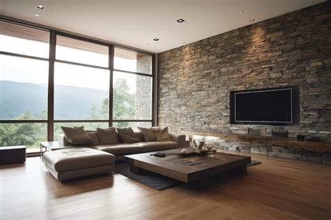 Premium AI Image | Modern living room and rock wall with interior ...