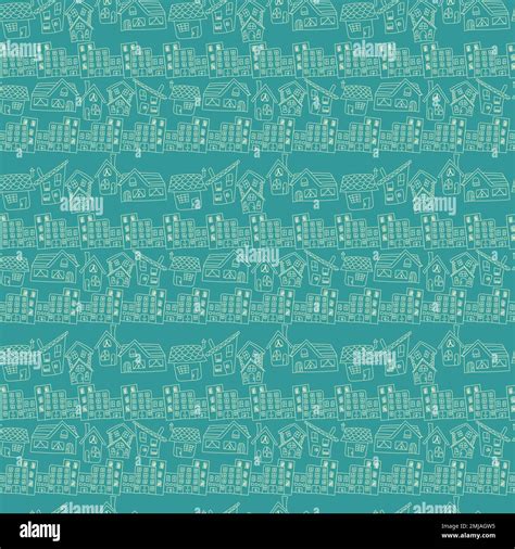 Contour seamless pattern with outline silhouette of cartoon houses drawn in coloring book style ...