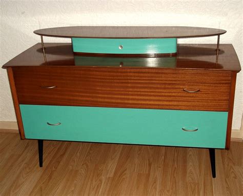 Retro Vintage Atomic 50s Teak Veneer Sideboard Dresser in aqua blue and wood. Mid Century Modern ...