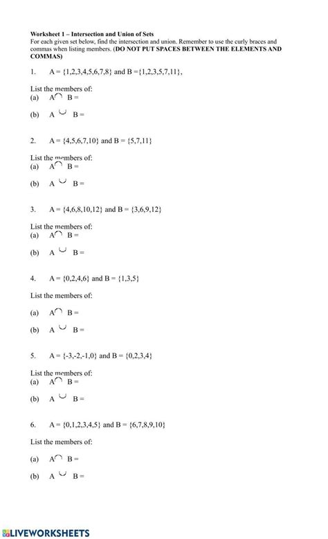 Intersection and Union of Sets worksheet | Live Worksheets - Worksheets Library