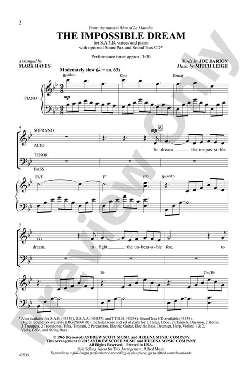 The Impossible Dream (from the musical Man of La Mancha): SATB Choral ...