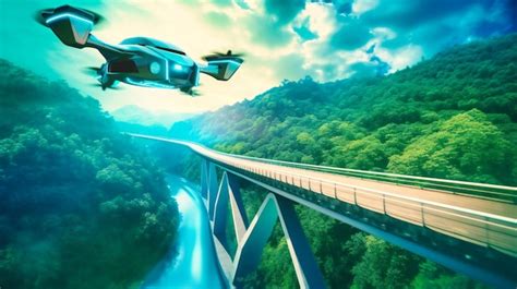 Premium Photo | A futuristic electric flying car flying over a bridge with a beautiful natural ...