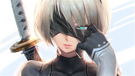 NieR, 2B (Nier: Automata), gloves, looking at viewer, blue eyes, anime girls, white hair, Nier ...