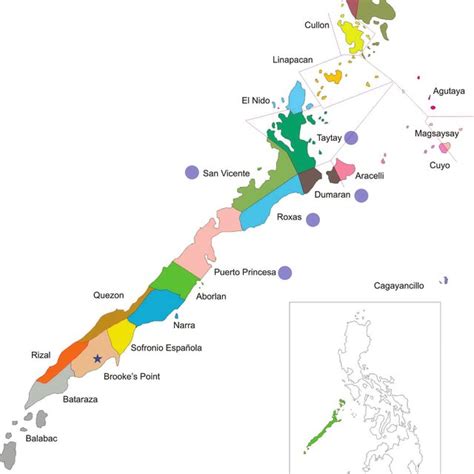 Map of Palawan showing the municipal boundaries and distribution of S ...