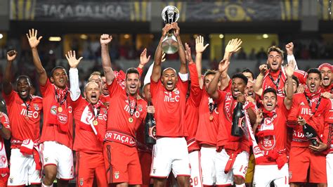 Benfica players celebrate their sixth Taça da Liga (League Cup) after defeating Marítimo in the ...