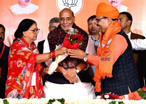 Rajasthan CM-designate Bhajanlal Sharma being greeted by BJP central observer for Rajasthan and ...