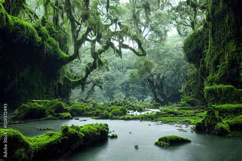 amazon rainforest, tropical vegetation with old trees, jungle landscape with creek, rocks ...