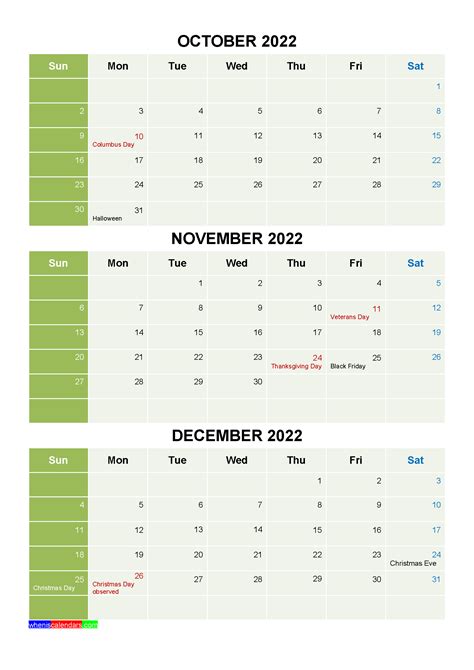 Free Calendar October November December 2022 with Holidays [Four Quarters] | Calendar printables ...