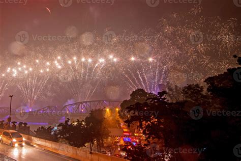 Colorful fireworks from Vijit Chao Phraya on Buddhayodfa Chulalok Maharat Bridge, Bangkok ...