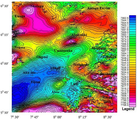 Total magnetic field intensity map of the study area (contour... | Download Scientific Diagram