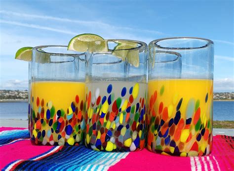 Hand Blown Mexican Drinking Glasses – Set of 6 Confetti Carmen Design Glasses (14 oz each): Buy ...